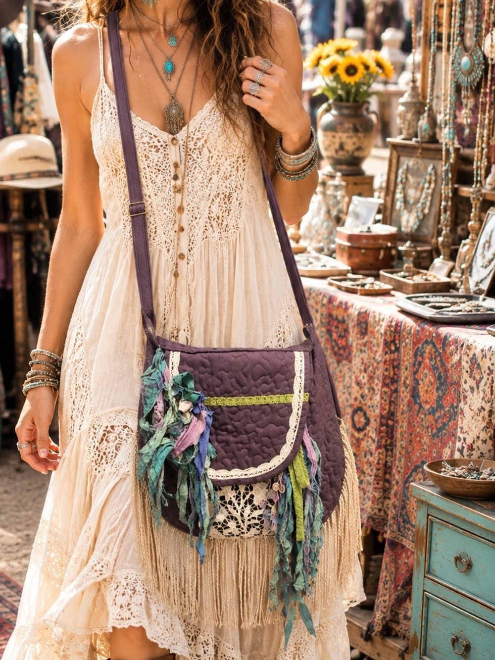 Boho Festival Bag Hippie Upcycled Fringe Crossbody Bag Handmade Designer